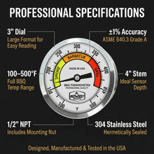 Load image into Gallery viewer, Deluxe BBQ Smoker Thermometer with Calibration - 3" Silver Dial